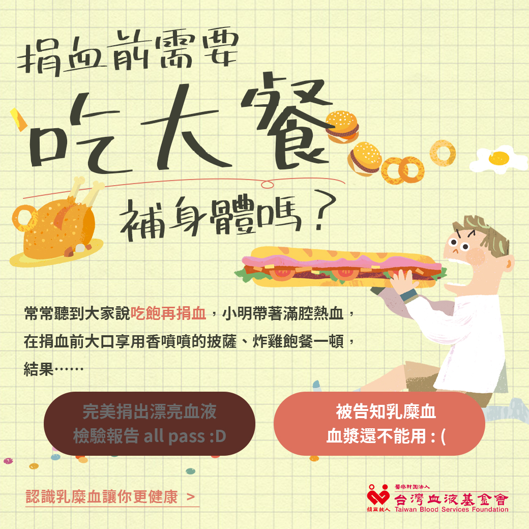 常常聽到大家說吃飽再捐血，小明帶著滿腔熱血，在捐血前大口享用香噴噴的披薩、炸雞飽餐一頓。結果卻被告知捐出的是「乳糜血」，血漿還不能使用。圖片最後提醒我們「認識乳糜血讓你更健康」，意味著捐血前不應該大吃大喝，因為這可能會導致乳糜血的情況發生。乳糜血是指血液中含有乳糜，會影響血液的質量，因此不適合用於輸血。台灣血液基金會提醒大家，在捐血前應該補身體，而不是大吃大喝，這樣可以確保捐出的血液品質更好，更有利於受血者的健康。