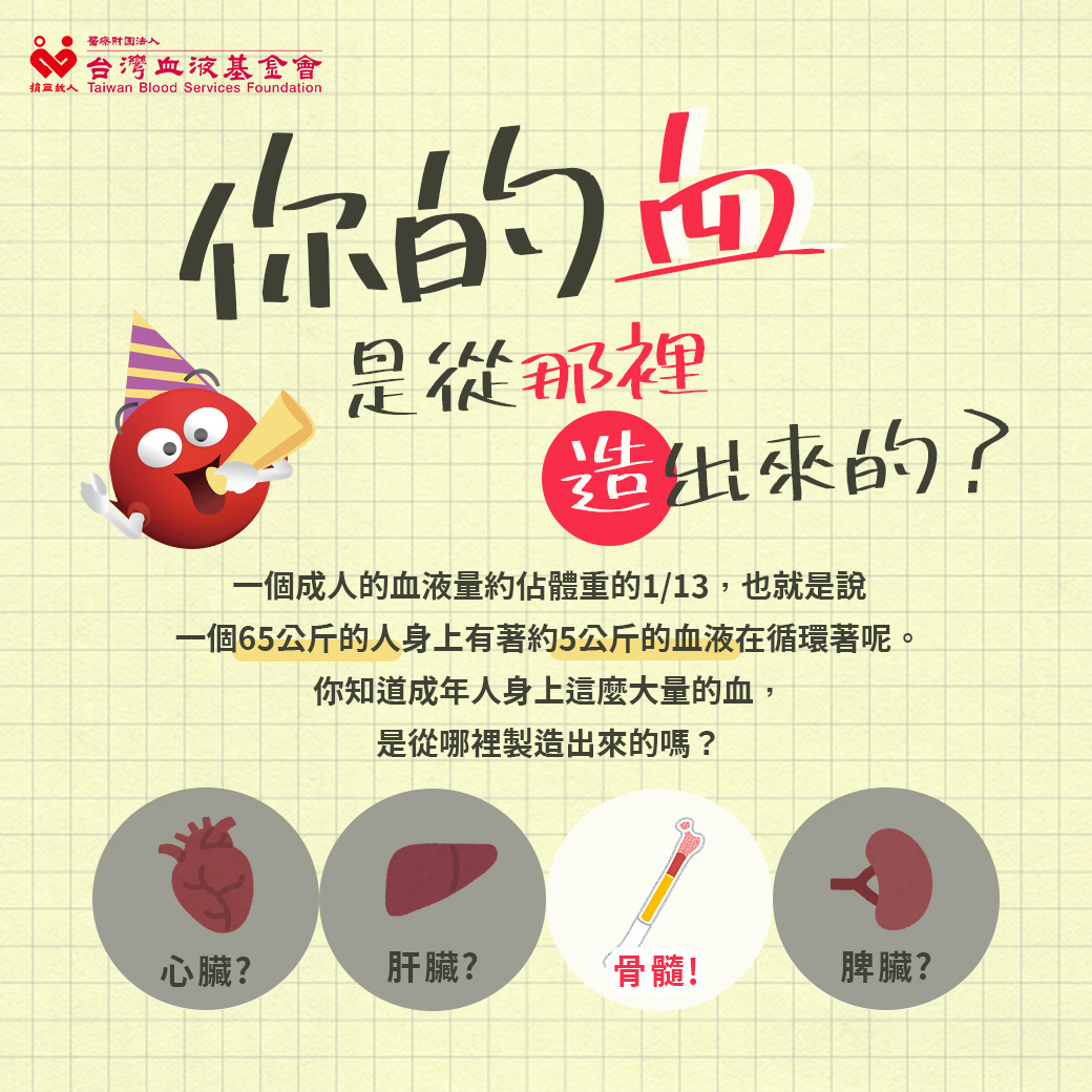 你的血是從哪裡造出來的？一個成人的血液量約佔體重的1/13，也就是說一個65公斤的人身上有著約5公斤的血液在循環著。那你知道成年人身上這麼大量的血，是從哪裡製造出來的嗎？答案是骨髓！