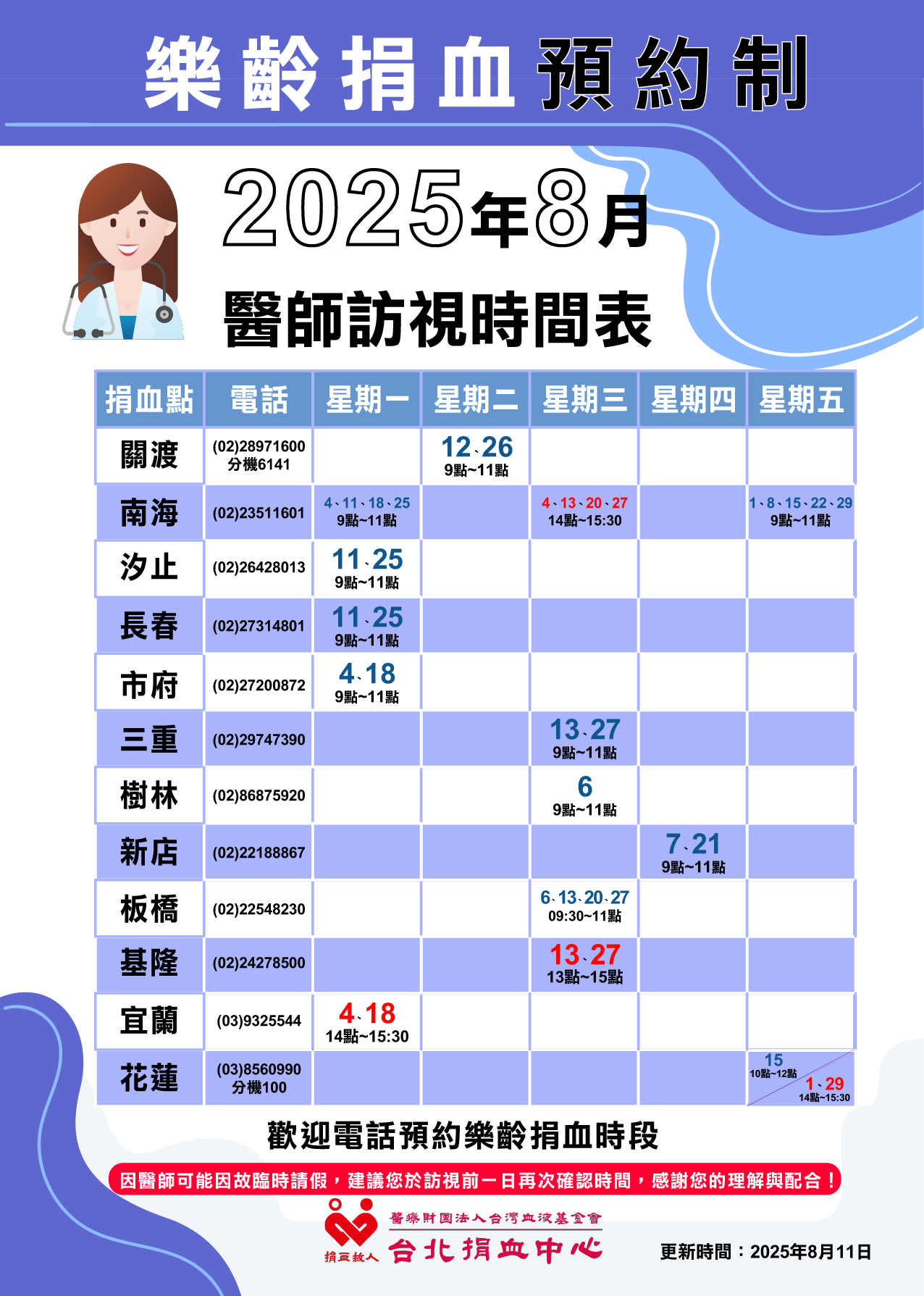 樂齡捐血醫師8月份訪視時間表
