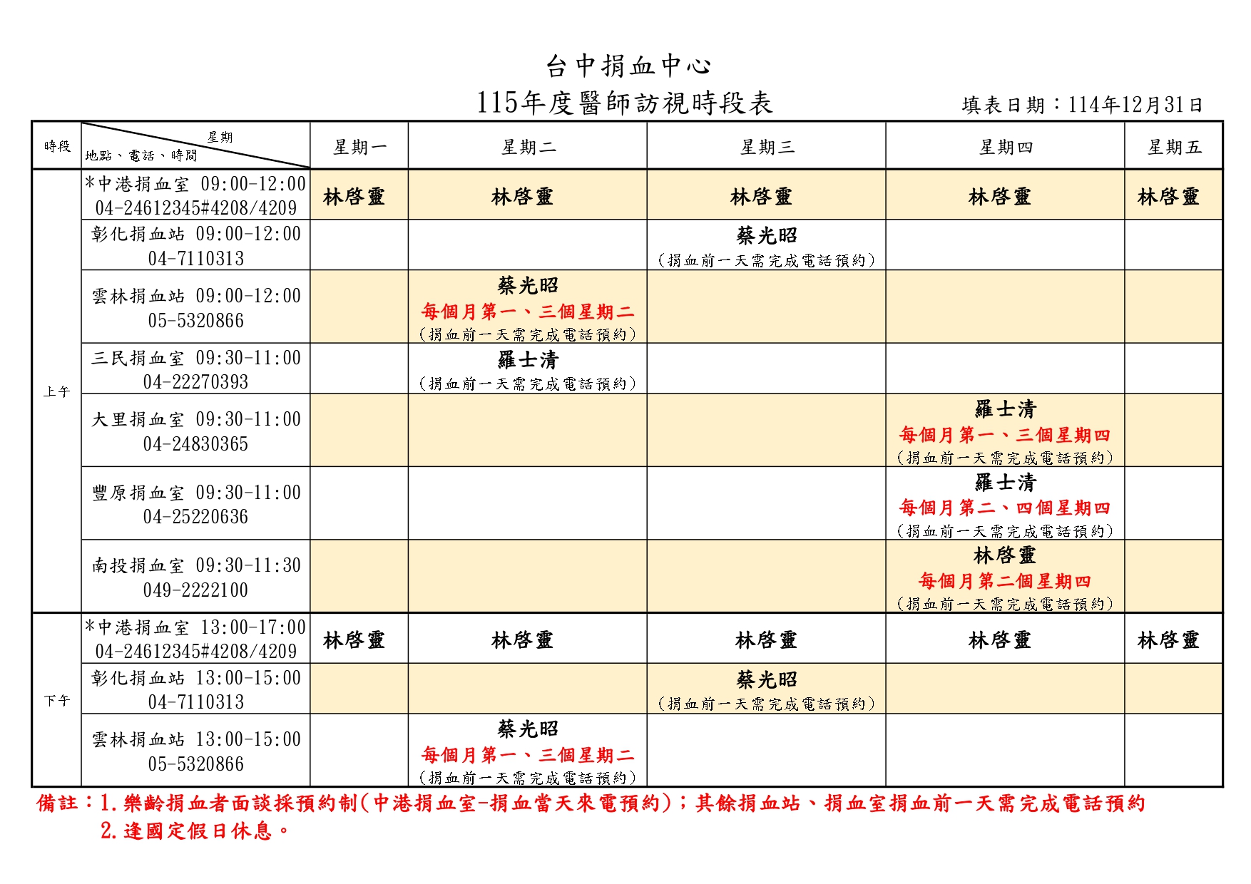 樂齡捐血醫師訪視時間表